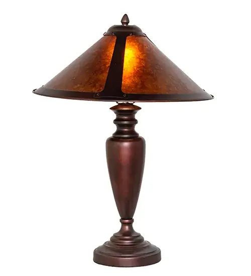 In the tradition of American master craftsman Dirk Van Erp; this appealing hand finished Mahogany Bronze frame glows with the warmth of the natural Amber Mica panels within. The shade is supported by an elegantly simple table lamp base in matching Mahogany Bronze finish. - alternate view