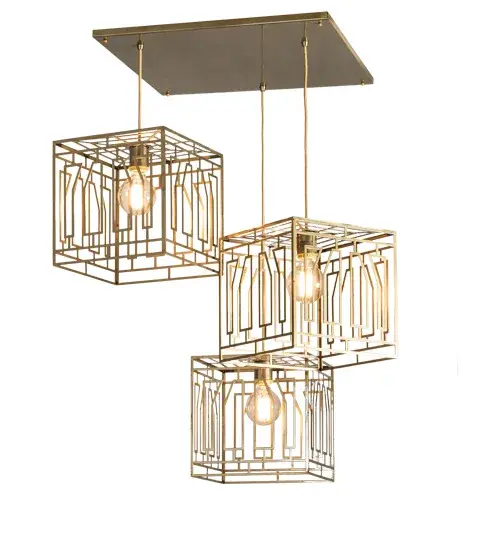 The material is Steel. The finish is Brushed Brass. Collection: Pablo Finish: Brushed Brass Width: 32.00" Height: 14.00" Length: 32.00" Weight: 36.00 lb Number of Bulbs: 3 Maximum Wattage: 10.00 W Bulb Type: ST64 Bulb Base: E26 Light Source: LED Material: Steel Country of Origin: USA Safety Rating: Damp LED
