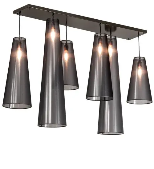 The material is Steel and Textrene. The finish is Timeless Bronze. The diffuser is Black Organza Textrene. Collection: Jarvis Finish: Timeless Bronze Glass: Black Organza Textrene Width: 12.50" Height: 36.00" Length: 52.00" Weight: 25.00 lb Number of Bulbs: 6 Maximum Wattage: 60.00 W Bulb Type: A19 Bulb Base: E26 Material: Steel Country of Origin: USA Safety Rating: Damp