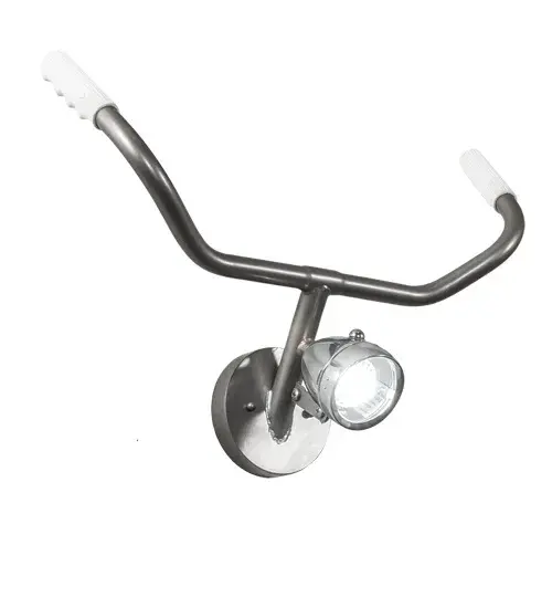 The material is Steel and Glass. The finish is Nickel. The glass is Clear. Collection: Handlebar Finish: Nickel Glass: Clear Glass Width: 21.00" Height: 15.00" Length: 7.50" Weight: 3.00 lb Extension from Wall: 7.50" Number of Bulbs: 1 Maximum Wattage: 10.00 W Bulb Type: MR16 Bulb Base: GU10 Light Source: LED Material: Steel Country of Origin: USA Safety Rating: Damp LED