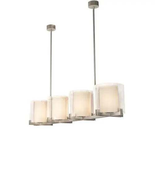 The Crawford Oblong Pendant features a dozen exquisite Crystal Idalight Cylindres that reveal Eggshell Textrene diffusers. The four shades are perched handsomely on the sleek architectural metal crossbar finished in Nickel. Ideal for illuminating kitchen islands; dining tables; counters and bars. The extensive Crawford Pendant is Domestically Produced in the USA at our Yorkville; NY manufacturing facility. Customize lantern colors; metal finishes and fixture sizes. UL and cUL listed for dry and damp locations. - alternate view