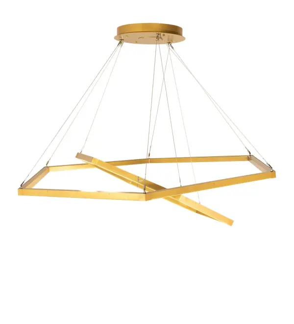 The material is Steel and Idalight. The finish is Goldtastic. The diffuser is Statuario Idalight. Collection: Vela Finish: Goldtastic Glass: Statuario Idalight Width: 70.00" Height: 48.00" Length: 70.00" Weight: 60.00 lb Maximum Wattage: 75.30 W Bulb Type: STRIP Bulb Base: INTEGRAL Light Source: LED Color Temperature: 2700 K Material: Steel Country of Origin: USA Safety Rating: Damp LED