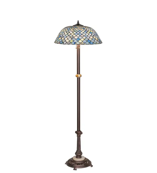 A Louis Comfort Tiffany studio classic fishscale pattern reproduced in variegated glass of Honey dripped Emerald, Sapphire, Citrine, and Garnet. This lovely Tiffany Fishscale shade is created using the famous Meyda Tiffany copperfoil construction and enhanced with a Mahogany Bronze finished lamp base. A versatile lamp to complement any decor. UL and cUL listed for dry locations. Each shade is a unique work of art with color variations based on natural ingredients inherent in the glass. Contact us if color matching is critical when ordering multiple items. Collection: Tiffany Fishscale Finish: Mahogany Bronze Glass: Stained Glass Width: 20.00" Height: 60.00" Length: 20.00" Weight: 23.00 lb Number of Bulbs: 3 Maximum Wattage: 60.00 W Bulb Type: A19 Bulb Base: E26 Material: Zinc/Steel Country of Origin: CHINA Safety Rating: Dry