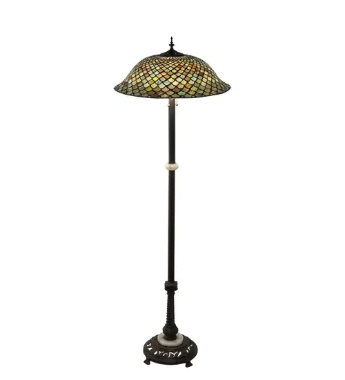 A Louis Comfort Tiffany studio classic fishscale pattern reproduced in variegated glass of Honey dripped Emerald, Sapphire, Citrine, and Garnet. This lovely Tiffany Fishscale shade is created using the famous Meyda Tiffany copperfoil construction and enhanced with a Mahogany Bronze finished lamp base. A versatile lamp to complement any decor. UL and cUL listed for dry locations. Each shade is a unique work of art with color variations based on natural ingredients inherent in the glass. Contact us if color matching is critical when ordering multiple items. Collection: Tiffany Fishscale Finish: Mahogany Bronze Glass: Stained Glass Width: 20.00" Height: 60.00" Length: 20.00" Weight: 23.00 lb Number of Bulbs: 3 Maximum Wattage: 60.00 W Bulb Type: A19 Bulb Base: E26 Material: Zinc/Steel Country of Origin: CHINA Safety Rating: Dry - alternate view