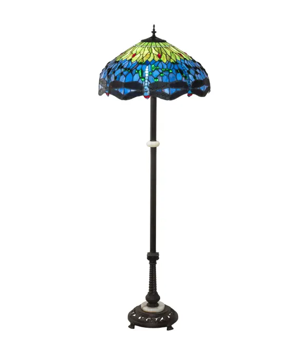 Our version of most beloved stained glass dragonfly design from Tiffany Studios is modeled after the original hanging head dragonfly. Diving dragonflies with glowing Red jeweled eyes and delicate metal filigree wings circle over hand cut and copper foiled pieces of Lakeside Blue and Pond Green glass that represent rippling water. Red and Green jewels accent the background. This lovely shade is created using the famous Meyda Tiffany copperfoil construction and enhanced with a Mahogany Bronze finished floor base. UL and cUL listed for dry locations. Each shade is a unique work of art with color variations based on natural ingredients inherent in the glass. Contact us if color matching is critical when ordering multiple items. Collection: Tiffany Hanginghead Dragonfly Finish: Mahogany Bronze Glass: Stained Glass Width: 22.00" Height: 62.00" Length: 22.00" Weight: 26.00 lb Number of Bulbs: 3 Maximum Wattage: 60.00 W Bulb Type: A19 Bulb Base: E26 Material: Zinc/Steel Country of Origin: CHINA Safety Rating: Dry