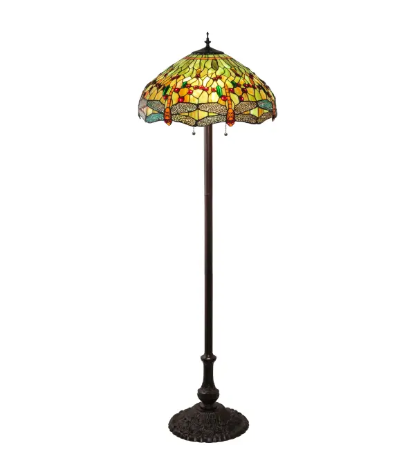 Inspired by one Tiffany Studio's classic Dragonfly lighting masterpiece. Orange dragonflies with glowing Red jeweled eyes and filigree topped Multi-colored wings dive over a Green and Orange background. The stunning shade is accented with Red, Green and Amber glass jewels. The art glass shade is created using the famous Meyda Tiffany copperfoil construction. This Tiffany Reproduction floor lamp features a base in a warm hand applied Mahogany Bronze. UL and cUL listed for dry locations. Collection: Tiffany Hanginghead Dragonfly Finish: Mahogany Bronze Glass: 59 Oa Red Green 59R Width: 20.00" Height: 62.00" Length: 20.00" Weight: 23.50 lb Number of Bulbs: 3 Maximum Wattage: 60.00 W Bulb Type: A19 Bulb Base: E26 Material: Zinc/Steel Country of Origin: CHINA Safety Listing: Damp Safety Rating: Dry