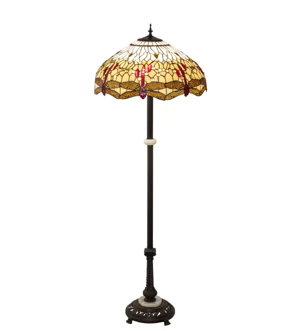 This beloved lighting design is modeled after the original Hanginghead Dragonfly from Tiffany Studios. Diving Amber and Red Dragonflies with glowing jeweled eyes and delicate metal filigree wings circle over hand-cut pieces of Beige art glass background representing the sunny sky. This lovely shade is created using the famous Meyda Tiffany copperfoil construction and enhanced with a Mahogany Bronze finished cast metal floor lamp base. Install the floor lamps to illuminate picture windows, desks, and tables in Buffalo, New York, Houston, Texas, and Fremont, California. The Tiffany Hanginghead Dragonfly Floor Lamp is included in our Tiffany Reproduction Collection. UL and cUL are listed for dry locations. Collection: Tiffany Hanginghead Dragonfly Finish: Mahogany Bronze Glass: Ba Fl Width: 22.00" Height: 62.00" Length: 22.00" Weight: 26.50 lb Number of Bulbs: 3 Maximum Wattage: 60.00 W Bulb Type: A19 Bulb Base: E26 Material: Zinc/Steel Country of Origin: CHINA Safety Listing: Damp Safety Rating: Dry