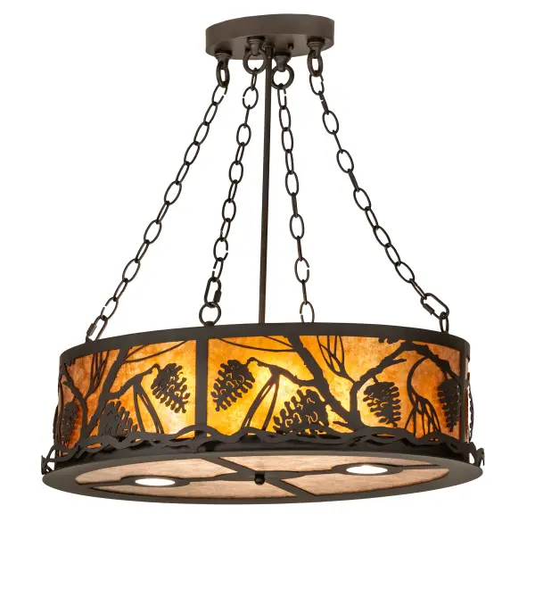 A Winter Pinecone with Pine Needles are featured on this inverted pendant. Rustic charm comes alive with soft ambient light projected through a stunning Amber Mica shade with a Silver Mica bottom diffuser. The Nature Inspired wall fixture is complemented with an Oil Rubbed Bronze finished hardware. Two downlights deliver functional illumination on surfaces below. The Winter Pine Pendant is featured in our American made; American designed handcrafted Nature Inspired Lighting Collection. Manufactured in Yorkville; New York. UL and cUL listed for dry and damp locations.