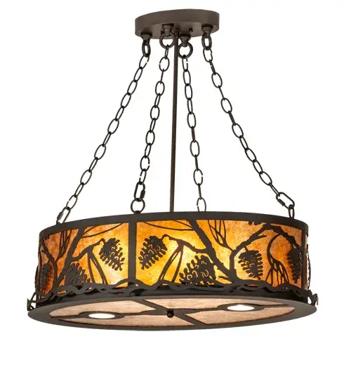 A Winter Pinecone with Pine Needles are featured on this inverted pendant. Rustic charm comes alive with soft ambient light projected through a stunning Amber Mica shade with a Silver Mica bottom diffuser. The Nature Inspired wall fixture is complemented with an Oil Rubbed Bronze finished hardware. Two downlights deliver functional illumination on surfaces below. The Winter Pine Pendant is featured in our American made; American designed handcrafted Nature Inspired Lighting Collection. Manufactured in Yorkville; New York. UL and cUL listed for dry and damp locations. - alternate view