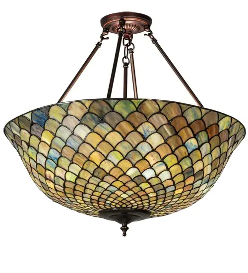 An elegant reproduction of a Louis Comfort Tiffany Studio classic. The famous Fishscale design features a variegated Tortoiseshell of Emerald; Sapphire; Mauve and Beige colored art glass; evoking a unique dimensional and textured look in a rainbow of brilliant hues. This exquisite inverted art glass shade is created using the famous Meyda Tiffany copperfoil construction process. The pendant is complemented with a Mahogany Bronze finish. UL and cUL listed for dry and damp locations. Each shade is a unique work of art with color variations based on natural ingredients inherent in the glass. Contact us if color matching is critical when ordering multiple items. - alternate view