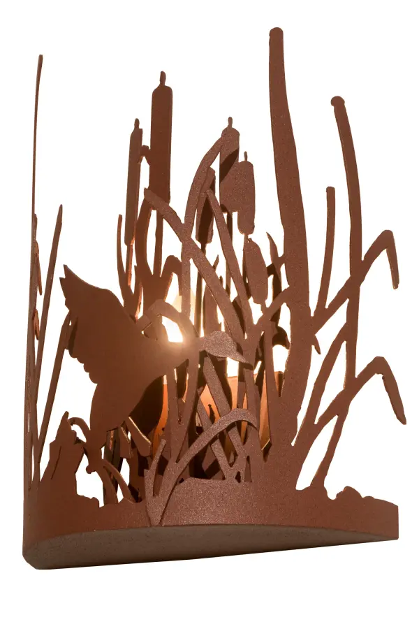 A Duck in the cattails and marsh grasses accent this wall sconce. The fixture has an Rust finish and is handcrafted in the USA by Meyda artisans. Collection: Ducks In Flight Finish: Rust Glass: Silver Mica Width: 11.00" Height: 13.00" Length: 4.50" Weight: 3.00 lb Extension from Wall: 4.50" Number of Bulbs: 1 Maximum Wattage: 60.00 W Bulb Type: BA10 Bulb Base: E12 Material: Steel Country of Origin: USA Safety Listing: Damp Safety Rating: Damp