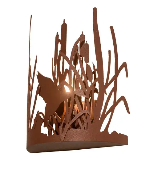 A Duck in the cattails and marsh grasses accent this wall sconce. The fixture has an Rust finish and is handcrafted in the USA by Meyda artisans. Collection: Ducks In Flight Finish: Rust Glass: Silver Mica Width: 11.00" Height: 13.00" Length: 4.50" Weight: 3.00 lb Extension from Wall: 4.50" Number of Bulbs: 1 Maximum Wattage: 60.00 W Bulb Type: BA10 Bulb Base: E12 Material: Steel Country of Origin: USA Safety Listing: Damp Safety Rating: Damp - alternate view