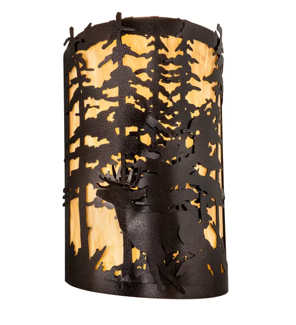 Bring the Great Outdoors in with this stunning wall sconce. A nature inspired stand of Tall Pines serves as the backdrop for this graceful deer. A curvaceous Travertine Idalight panel is complemented with a Copper Vein finish. Made to Order in our 180;000 sq foot manufacturing facility in Yorkville; New York; at the foothills of the Adirondack Mountains. UL Listed for dry and damp locations.