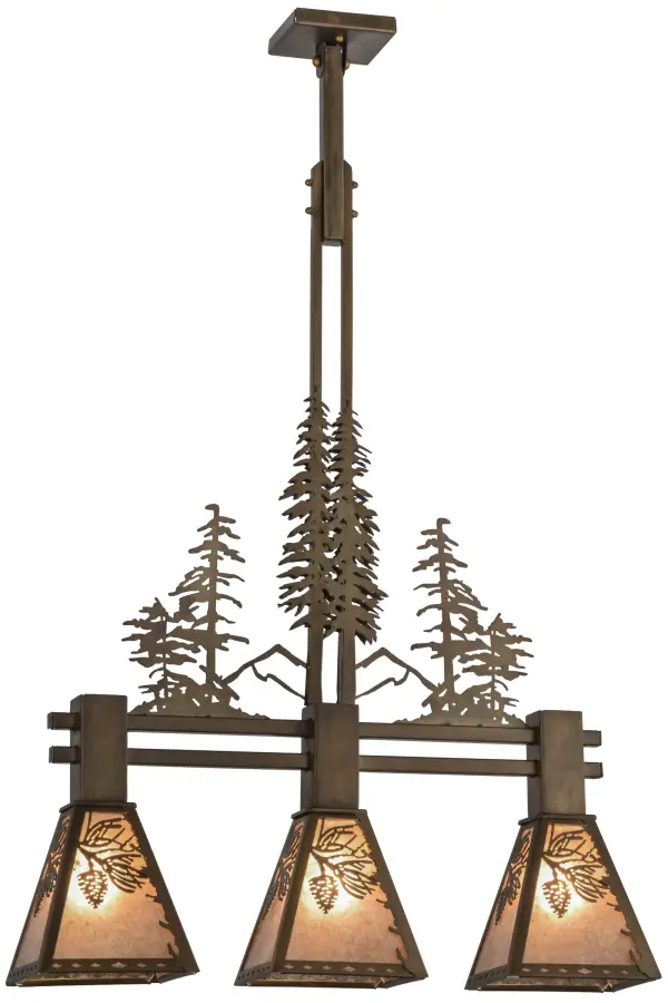 Naturally inspired pinecones and pine needles accent stunning Silver Mica with a frame and hardware highlighted with tall pine trees and a mountain range hand finished in Antique Copper. The hardware includes a swing canopy that adapts to vaulted ceilings. This pendant is ideal for illuminating an island; counter or dining table. Handcrafted by Meyda artisans at the foothills of the Adirondack Mountains in the USA; this fixture is available in custom sizes; styles; colors or dimmable energy-efficient lamping options.