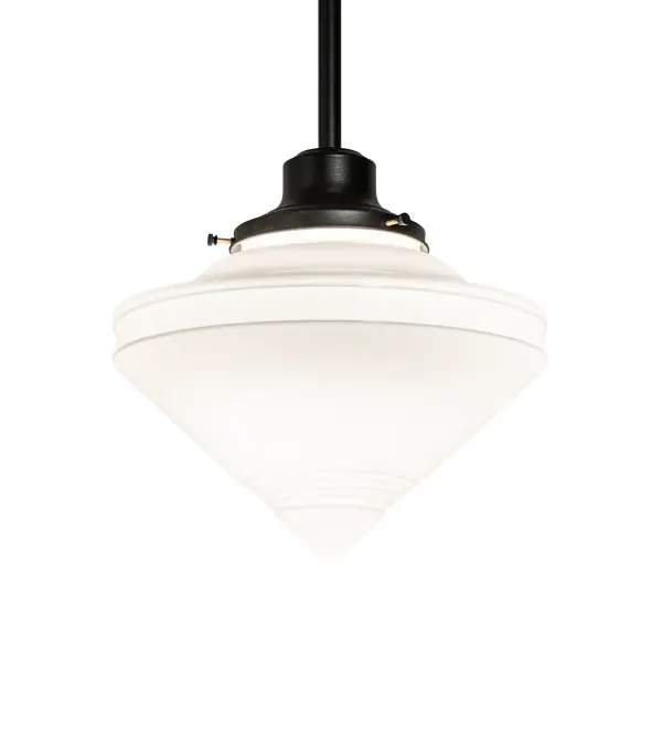 The Revival Schoolhouse glass reflects an authentic classic design. A perfectly formed shade features a Spinning Top design and handcrafted of White Opal Schoolhouse Glass with rich artisanship and style. Originally used in private residences; schools; galleries and libraries; this Schoolhouse electrical reproduction pendant is stem hung and will illuminate a broad range of interiors today. The pendant is enhanced with a Textured Black finish. Handcrafted in our 180;000 square foot manufacturing facility in Yorkville; New York. Diffuser colors; metal finishes and fixture sizes can be customized to your needs. UL and cUL listed for dry and damp locations.