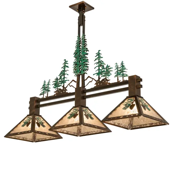 The material is Steel and Mica. The finish is Vintage Copper with Green Trees. The diffuser is Silver Mica. Collection: Winter Pine Finish: Vintage Copper With Green Trees Glass: Silver Mica Width: 11.75" Height: 35.00" Length: 44.50" Weight: 19.50 lb Number of Bulbs: 3 Maximum Wattage: 60.00 W Bulb Type: A19 Bulb Base: E26 Material: Steel Country of Origin: USA Safety Rating: Damp