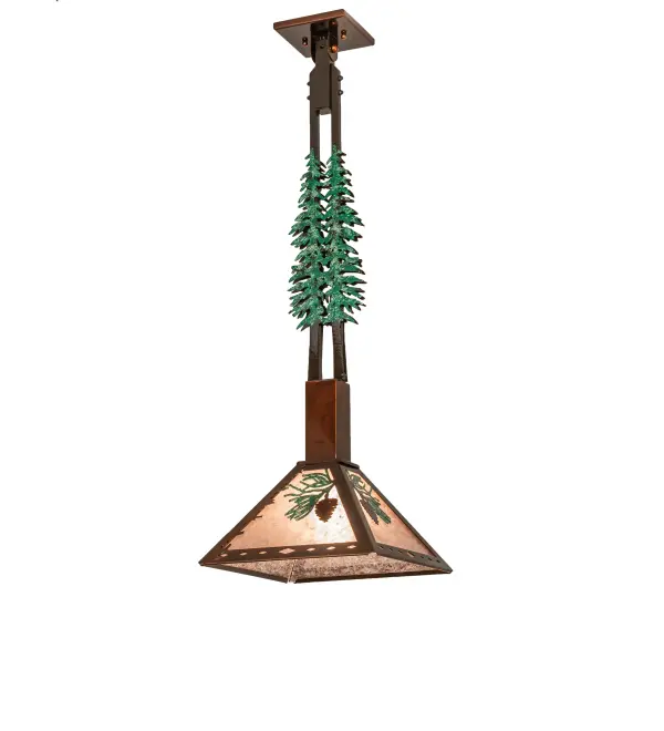 Delicate Vintage Copper Pinecones and Green Hand-Painted Pine Needles adorn a Silver Mica Shade on this stunning pendant. Green Hand-painted Pine Tree Silhouettes accent the suspension rods and fitter which are finished in Oil Rubbed Bronze. The canopy and shade frame are finished in Vintage Copper. Ideal for illuminating dining tables, kitchen islands, counters and bars to make a dramatic design statement. This nature inspired luminaire is created by highly skilled artisans in our 180,000 square foot manufacturing facility in Upstate New York, at the foothills of the Adirondack Mountains. Custom sizes, shade designs and metal finishes are available. UL and cUL listed for damp and dry locations. Collection: Winter Pine Finish: Vintage Copper/Oil Rubbed Bronze/Green Glass: Silver Mica Width: 11.50" Height: 36.00" Length: 115.00" Weight: 7.50 lb Number of Bulbs: 1 Maximum Wattage: 60.00 W Bulb Type: A19 Bulb Base: E26 Material: Steel Country of Origin: USA Safety Rating: Damp