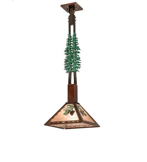 Delicate Vintage Copper Pinecones and Green Hand-Painted Pine Needles adorn a Silver Mica Shade on this stunning pendant. Green Hand-painted Pine Tree Silhouettes accent the suspension rods and fitter which are finished in Oil Rubbed Bronze. The canopy and shade frame are finished in Vintage Copper. Ideal for illuminating dining tables, kitchen islands, counters and bars to make a dramatic design statement. This nature inspired luminaire is created by highly skilled artisans in our 180,000 square foot manufacturing facility in Upstate New York, at the foothills of the Adirondack Mountains. Custom sizes, shade designs and metal finishes are available. UL and cUL listed for damp and dry locations. Collection: Winter Pine Finish: Vintage Copper/Oil Rubbed Bronze/Green Glass: Silver Mica Width: 11.50" Height: 36.00" Length: 115.00" Weight: 7.50 lb Number of Bulbs: 1 Maximum Wattage: 60.00 W Bulb Type: A19 Bulb Base: E26 Material: Steel Country of Origin: USA Safety Rating: Damp - alternate view