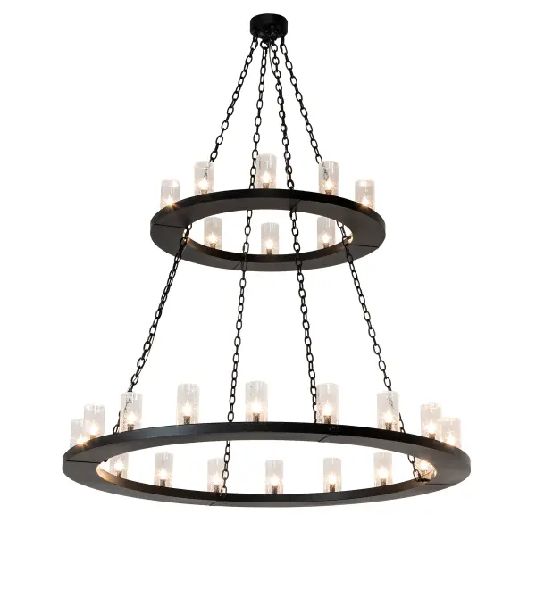 Add a modern look to an old world chandelier of yore. Loxley is custom crafted with 28 Clear Seeded Glass Cylindres. The massive chandelier is hand finished in Textured Black. Ideal for illuminating large dining areas, ballrooms, lobbies and other residential, hospitality and commercial spaces. Handmade in our 180,000 square foot manufacturing facility in Yorkville, New York. Diffuser colors, metal finishes and chandelier sizes can be customized to your specifications. UL and cUL listed for dry and damp locations. Collection: Loxley Finish: Textured Black Glass: Clear Seeded Glass Width: 60.00" Height: 72.00" Length: 60.00" Weight: 105.00 lb Number of Bulbs: 28 Maximum Wattage: 5.00 W Bulb Type: BA9 Bulb Base: E12 Light Source: LED Material: Steel Country of Origin: USA Safety Rating: Damp LED