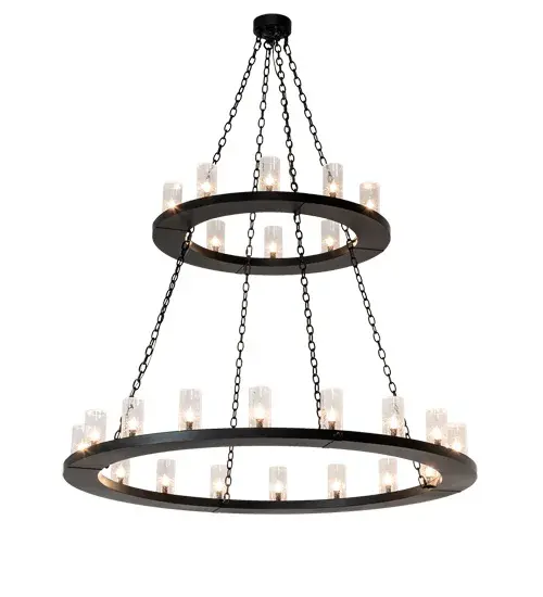 Add a modern look to an old world chandelier of yore. Loxley is custom crafted with 28 Clear Seeded Glass Cylindres. The massive chandelier is hand finished in Textured Black. Ideal for illuminating large dining areas, ballrooms, lobbies and other residential, hospitality and commercial spaces. Handmade in our 180,000 square foot manufacturing facility in Yorkville, New York. Diffuser colors, metal finishes and chandelier sizes can be customized to your specifications. UL and cUL listed for dry and damp locations. Collection: Loxley Finish: Textured Black Glass: Clear Seeded Glass Width: 60.00" Height: 72.00" Length: 60.00" Weight: 105.00 lb Number of Bulbs: 28 Maximum Wattage: 5.00 W Bulb Type: BA9 Bulb Base: E12 Light Source: LED Material: Steel Country of Origin: USA Safety Rating: Damp LED - alternate view