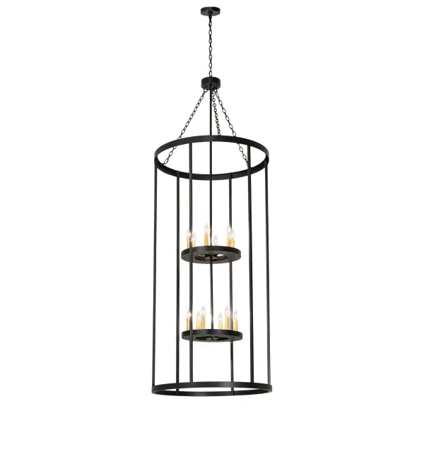 A sophisticated; architecturally styled fixture is designed with a unique; fresh; and stylish pizazz. Give your decor an extra edge with this breathtaking fixture; highlighted by a solid metal structure surrounding two inner tiers with 12 Ivory faux candlelights. The curvaceous hardware and frame are featured in a handsome Solar Black finish. Overall height ranges from 102 to 162 inches as the chain can be easily adjusted in the field. The Cilindro Leeds Pendant is included in our American-made; American-designed; handcrafted Transitional Lighting Collection. Manufactured in Yorkville; New York. UL and cUL listed for dry and damp locations.