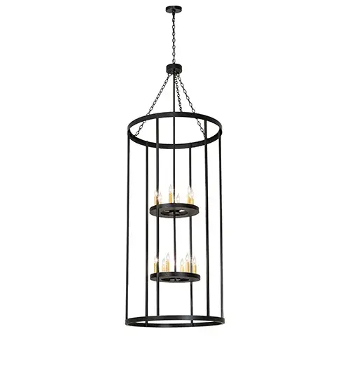 A sophisticated; architecturally styled fixture is designed with a unique; fresh; and stylish pizazz. Give your decor an extra edge with this breathtaking fixture; highlighted by a solid metal structure surrounding two inner tiers with 12 Ivory faux candlelights. The curvaceous hardware and frame are featured in a handsome Solar Black finish. Overall height ranges from 102 to 162 inches as the chain can be easily adjusted in the field. The Cilindro Leeds Pendant is included in our American-made; American-designed; handcrafted Transitional Lighting Collection. Manufactured in Yorkville; New York. UL and cUL listed for dry and damp locations. - alternate view