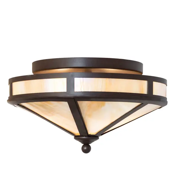 This handsome mission style flushmount is finished in Cafe Noir and has Beige iridized art glass panels. Handcrafted in our 180,000 square foot manufacturing facility in Yorkville, New York at the foothills of the glorious Adirondack Mountains. Custom choices include various designs, finishes, and sizes. Dimmable energy efficient lamping options offered. UL and cUL listed. Collection: Craftsman Finish: Cafe Noir Glass: Beige Iridescent Glass Width: 16.00" Height: 9.00" Length: 16.00" Weight: 6.50 lb Number of Bulbs: 2 Maximum Wattage: 60.00 W Bulb Type: A19 Bulb Base: E26 Material: Steel Country of Origin: USA Safety Listing: Damp Safety Rating: Damp