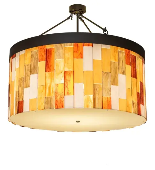 This beautiful multicolored ceiling fixture features an appealing round profile with a mosaic-style shade that defines a refined modern aesthetic. The stunning shade offers a rich mix of colors and fine materials; including a wide range of Idalight styles. The shade is complemented by an Oil Rubbed Bronze finished frame and hardware. Ideal for illuminating dining areas and entryways in fine homes and hospitality spaces. The Cilindro Calico Semi-Flushmount is part of our American-made; American-designed; handcrafted Deco Lighting Collection; manufactured in Yorkville; New York. UL and cUL listed for dry and damp locations. - alternate view