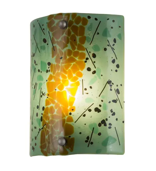 Say molto bello to the Muro Verde; Metro Fusion ADA compliant wall sconce. A Seafoam Green hot dish with chips; streamers and a river of Amber glass; hot fused together and then reheated to shape. This slender sconce shade is suspended by Nickel finished powder coated hardware. Designed and created by Meyda artists and craftsmen; for a fun; unique; contemporary fixture. - alternate view