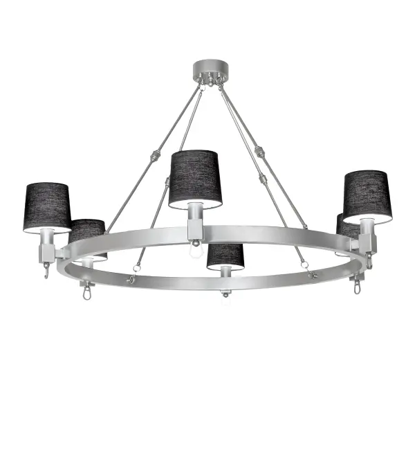 Dramatic eye-catching beauty defines the Luebeck Chandelier. A sturdy Nickel finished circular frame features six Black Fabric Shades with unique cube and hook-like decorative accents. Each of the six shades illuminates with Integral LEDs. The Luebeck Chandelier is featured in our American Made; American designed; handcrafted Transitional Lighting Collection. Manufactured in Yorkville; New York. UL and cUL listed for dry and damp locations however we do not recommend installing it in spaces that experience a large amount of moisture due to the fabric shades.
