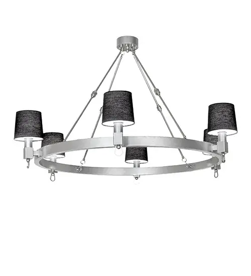 Dramatic eye-catching beauty defines the Luebeck Chandelier. A sturdy Nickel finished circular frame features six Black Fabric Shades with unique cube and hook-like decorative accents. Each of the six shades illuminates with Integral LEDs. The Luebeck Chandelier is featured in our American Made; American designed; handcrafted Transitional Lighting Collection. Manufactured in Yorkville; New York. UL and cUL listed for dry and damp locations however we do not recommend installing it in spaces that experience a large amount of moisture due to the fabric shades. - alternate view