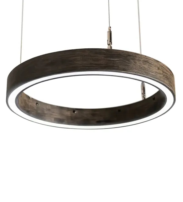 A rustic yet sophisticated pendant featuring a spectral halo of ambient light that creates a stunning visual effect and breathtaking drama while simulating the look of wood. The Florence Walnut finished ring reveals a Statuario Idalight diffuser. Eliminating the power cord; our exclusive proprietary suspension system is engineered with low voltage spacecraft cables for balance; precision and a clean aesthetic. Integral LEDs offer dimmability; energy savings; minimal maintenance and long life. The overall height of this pendant ranges from 6 to 45 inches as the cable length can be easily adjusted in the field. Handcrafted in our 180;000 square foot manufacturing facility in Yorkville; New York. Diffuser colors; metal finishes and fixture sizes can be customized to your needs.