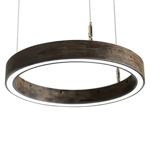 A rustic yet sophisticated pendant featuring a spectral halo of ambient light that creates a stunning visual effect and breathtaking drama while simulating the look of wood. The Florence Walnut finished ring reveals a Statuario Idalight diffuser. Eliminating the power cord; our exclusive proprietary suspension system is engineered with low voltage spacecraft cables for balance; precision and a clean aesthetic. Integral LEDs offer dimmability; energy savings; minimal maintenance and long life. The overall height of this pendant ranges from 6 to 45 inches as the cable length can be easily adjusted in the field. Handcrafted in our 180;000 square foot manufacturing facility in Yorkville; New York. Diffuser colors; metal finishes and fixture sizes can be customized to your needs. - alternate view
