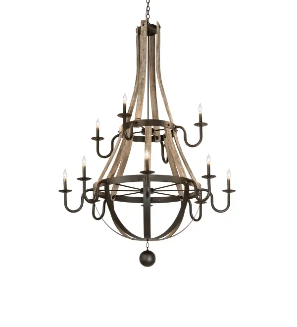 Reclaimed Wooden Staves with two Oil Rubbed Bronze finished belts and hardware embellish the breathtaking Barrel Stave Madera chandelier. 12 Hand-Painted Complementary faux candlelights with delicate bobeches are embraced by gracefully curved arms. Ideal for providing decorative lighting in large residential; hotel; retail and other commercial locations. Overall height ranges from 79 to 126 as the chain length can be easily adjusted in the field. Handcrafted in our 180;000 square foot manufacturing facility in Yorkville; NY. Fixture designs; metal finishes and chandelier sizes can be customized to meet your needs. UL and cUL listed for dry and damp locations.
