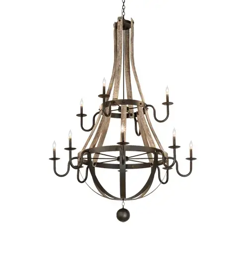 Reclaimed Wooden Staves with two Oil Rubbed Bronze finished belts and hardware embellish the breathtaking Barrel Stave Madera chandelier. 12 Hand-Painted Complementary faux candlelights with delicate bobeches are embraced by gracefully curved arms. Ideal for providing decorative lighting in large residential; hotel; retail and other commercial locations. Overall height ranges from 79 to 126 as the chain length can be easily adjusted in the field. Handcrafted in our 180;000 square foot manufacturing facility in Yorkville; NY. Fixture designs; metal finishes and chandelier sizes can be customized to meet your needs. UL and cUL listed for dry and damp locations. - alternate view