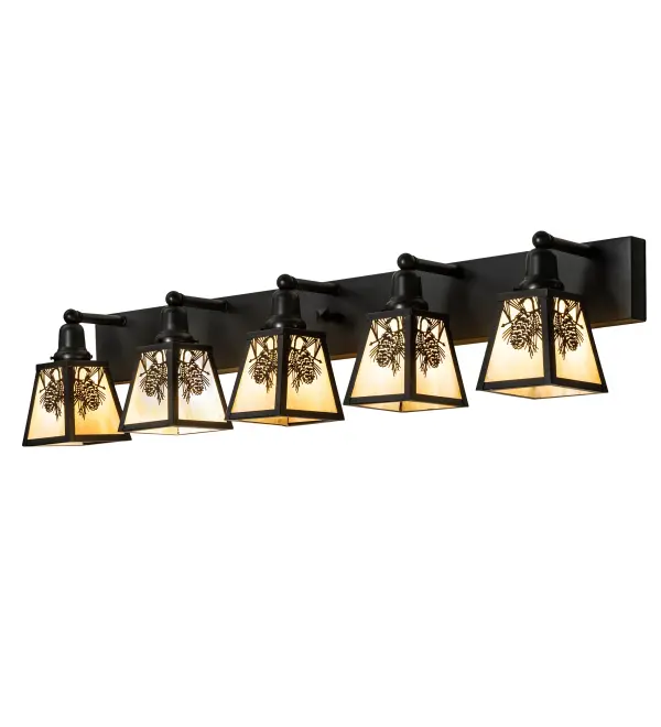 Winter Pinecones with Pine Needles delicately etched of Solid Brass. Rustic charm comes alive with soft ambient light projected through five stunning Beige Iridescent Glass shades. The Nature Inspired wall fixture is complemented with a Craftsman Brown finish. This Winter Pine luminaire doubles as both a vanity light and a wall sconce. Handcrafted by highly skilled artisans in our 180;000 square foot manufacturing facility in Yorkville; New York. Diffuser colors; metal finishes and fixture sizes can be customized to your needs. UL and cUL listed for dry and damp locations.