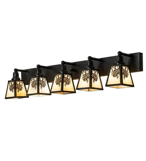 Winter Pinecones with Pine Needles delicately etched of Solid Brass. Rustic charm comes alive with soft ambient light projected through five stunning Beige Iridescent Glass shades. The Nature Inspired wall fixture is complemented with a Craftsman Brown finish. This Winter Pine luminaire doubles as both a vanity light and a wall sconce. Handcrafted by highly skilled artisans in our 180;000 square foot manufacturing facility in Yorkville; New York. Diffuser colors; metal finishes and fixture sizes can be customized to your needs. UL and cUL listed for dry and damp locations. - alternate view