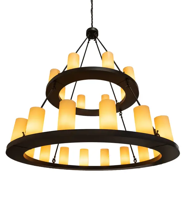 Inspired by old-world lighting fixtures found in castles and estates... The large Loxley chandelier is custom-crafted with 24 Amber Cylindre elements featured on two decorative rings hand-finished in Oil Rubbed Bronze. This luxurious lighting fixture is ideal for illuminating ballrooms, dining tables, lobbies, entryways, and other residential, hospitality, and commercial spaces from Traverse City, Michigan, to Lake Tahoe, Nevada, to Lake Geneva, Wisconsin. The overall height ranges from 77 to 161 inches, as the chain can be easily adjusted in the field to meet your exact lighting specifications. The Loxley Chandelier is featured in our American-made, American-designed, handcrafted Transitional Lighting Collection and manufactured in Yorkville, New York. UL & cUL listed for dry and damp locations. Collection: Loxley Finish: Oil Rubbed Bronze Glass: Amber Width: 54.00" Height: 77.00" Length: 54.00" Weight: 140.00 lb Number of Bulbs: 24 Maximum Wattage: 40.00 W Bulb Type: T10 Bulb Base: E26 Material: Steel Country of Origin: USA Safety Rating: Damp