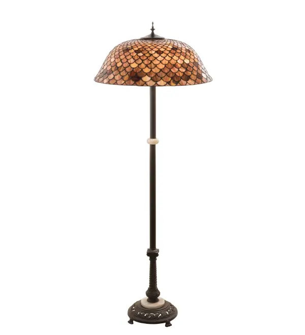 A Louis Comfort Tiffany studio classic. This Fishscale pattern is reproduced in variegated art glass of Honey dripped Amethyst and Citrine hues. The stunning shade is created using the famous Meyda Tiffany copperfoil construction and enhanced with a Mahogany Bronze finished floor base. A versatile lamp to complement any color or style. UL and cUL listed for dry locations. Each shade is a unique work of art with color variations based on natural ingredients inherent in the glass. Contact us if color matching is critical when ordering multiple items.