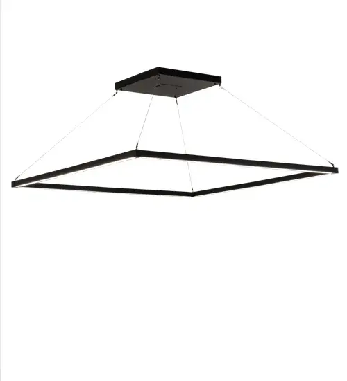 Rendering a stunning transitional look. This handsome lighting design features a square-shaped luminaire in a Flat Black finish. This handsome pendant projects beautiful ambient illumination through a Statuario Idalight diffuser with Integral LEDs. The Anillo Quadrato Pendant is included in our American-made, American-designed, handmade Minimalist Lighting Collection. Manufactured in Yorkville, New York. Collection: Anillo Finish: Solar Black Glass: Statuario Idalight Width: 85.00" Height: 20.00" Length: 60.00" Weight: 53.00 lb Maximum Wattage: 49.60 W Bulb Type: STRIP Bulb Base: INTEGRAL Light Source: LED Color Temperature: 2700 K Material: Steel Country of Origin: USA Safety Rating: Damp LED - alternate view