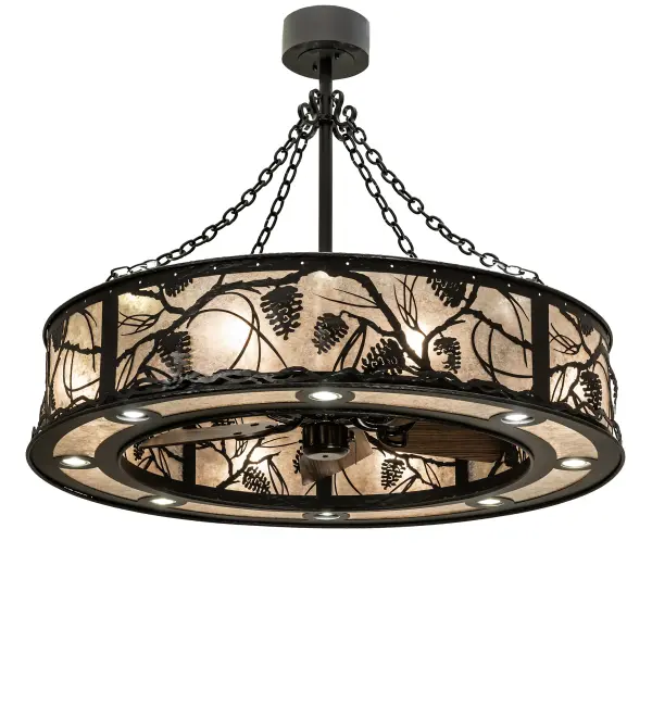 Listen closely. You can almost hear the soft whisper of the Pine branches as they dance in the wind. Enjoy the ambiance of light diffused through the Silver Mica diffuser featuring stunning Pinecones and Pine Needles while a fan spins quietly. Enhanced with a Satin Black Wrought Iron finish. 4 circuit system provides control for uplighting, downlighting, decorative illumination and fan functionality. In summer, the fan pushes down a windchill that circulates to keep the space cool and comfortable. In winter, the fan is reversed to pull the room air up towards the ceiling and force the warm air back down and circulate to create warmth. Handcrafted in Yorkville, New York. Collection: Whispering Pines Finish: Oiled Bronze//Dark Oak Blades Glass: Black Glass,Silver Mica Width: 44.00" Height: 36.00" Length: 44.00" Weight: 100.00 lb Number of Bulbs: 8 Maximum Wattage: 12.00 W Bulb Type: A19 Bulb Base: E26 Light Source: LED Material: Steel Country of Origin: USA Safety Rating: Damp LED