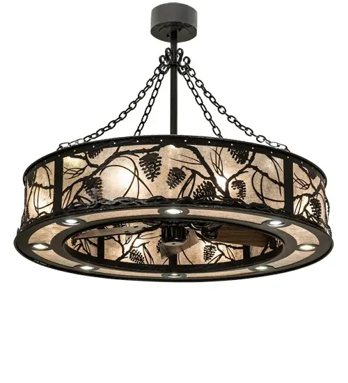 Listen closely. You can almost hear the soft whisper of the Pine branches as they dance in the wind. Enjoy the ambiance of light diffused through the Silver Mica diffuser featuring stunning Pinecones and Pine Needles while a fan spins quietly. Enhanced with a Satin Black Wrought Iron finish. 4 circuit system provides control for uplighting, downlighting, decorative illumination and fan functionality. In summer, the fan pushes down a windchill that circulates to keep the space cool and comfortable. In winter, the fan is reversed to pull the room air up towards the ceiling and force the warm air back down and circulate to create warmth. Handcrafted in Yorkville, New York. Collection: Whispering Pines Finish: Oiled Bronze//Dark Oak Blades Glass: Black Glass,Silver Mica Width: 44.00" Height: 36.00" Length: 44.00" Weight: 100.00 lb Number of Bulbs: 8 Maximum Wattage: 12.00 W Bulb Type: A19 Bulb Base: E26 Light Source: LED Material: Steel Country of Origin: USA Safety Rating: Damp LED - alternate view
