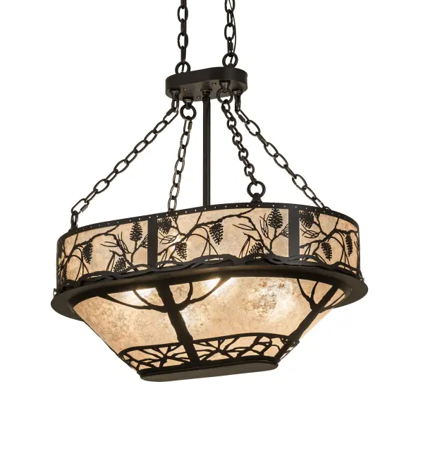 Listen closely. You can almost hear the soft whisper of the pine branches as they dance in the wind. Enjoy the warm ambiance of soft beautiful light diffused through a Silver Mica shade featuring stunning Pinecone and Pine Branch designs. The inverted pendant is hand finished in handsome Satin Black Wrought Iron. Overall height ranges from 34 to 69 inches as the chain length can be easily adjusted in the field to accommodate your specific lighting needs. Ideal for illuminating kitchen islands, counters, bars and tables. Handcrafted by highly skilled artisans in our 180,000 square manufacturing facility in Yorkville, New York. Shade colors, metal finishes and sizes can be customized. UL and cUL listed for dry and damp locations. Collection: Whispering Pines Finish: Satin Black Wrought Iron Glass: Silver Mica Width: 20.00" Height: 34.00" Length: 30.00" Weight: 29.00 lb Number of Bulbs: 4 Maximum Wattage: 60.00 W Bulb Type: A19 Bulb Base: E26 Material: Steel Country of Origin: USA Safety Rating: Damp