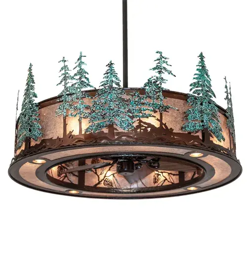 Green Handpainted Tall Pine Trees adorned with White Snow stand tall on this Custom Fan-Integrated Light Fixture, which features a Silver Mica diffuser with Oil Rubbed Bronze finished hardware. Multiple layers of light for different moods and tasks include eight inner lights that bring out the beauty of the Mica, four uplights that offer ambient lighting, and four downlights that deliver functional illumination on surfaces below while gentle breezes are created by a fan spinning quietly in the center. Inspired by Pine Forests located in the Apalachicola national forest on the Florida Trail, to the White Mountains of Arizona and New Mexico, to the Arapaho in the Rockies. This Chandel-air is ideal for use in a great room, lobby, and other rooms in residential, hospitality, and commercial settings. In summer, the fan pushes down a windchill that circulates to keep the space cool and comfortable. In winter, the fan is reversed to pull the room air towards the ceiling, forcing the warm air back down and circulating to create warmth. The variable overall height represents the field cuttable stem on this fixture which ranges from 22 to 92 inches to meet your exact lighting requirements. The Tall Pines Chandel-Air is included in our American-made, American-designed, handcrafted, award-winning Chandel-Air Collection and manufactured in Yorkville, NY. UL and cUL listed for dry and damp locations. Collection: Tall Pines Finish: Oiled Bronze//Dark Oak Blades Glass: Silver Mica Width: 44.50" Height: 22.00" Length: 44.50" Weight: 115.00 lb Number of Bulbs: 8 Maximum Wattage: 60.00 W Bulb Type: A19 Bulb Base: E26 Material: Steel Country of Origin: USA Safety Rating: Damp - alternate view