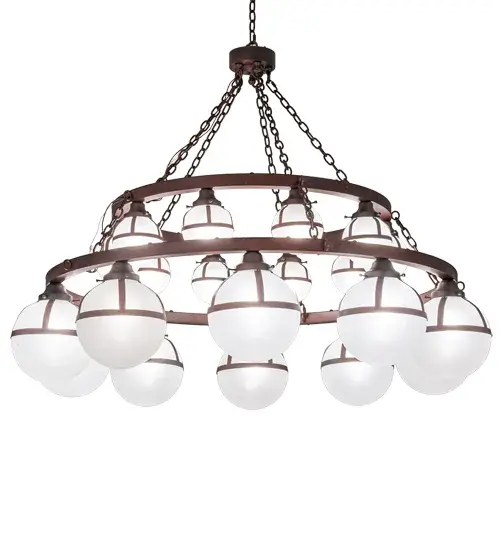 Bola Tavern creates dramatic visual interest with sophistication; romance and elegance. This exquisite chandelier features two sturdy rings with 20 Contrail Mist Idalight orb diffusers featuring deco accents on the top and complemented with a Rusty Nail finish. The overall height ranges from 51 to 88 inches as the chain length can be easily adjusted in the field. Made to Order in our 180;000 square foot manufacturing facility in Yorkville; NY. Customize shade colors; metal finishes and chandelier sizes. UL and cUL listed for dry; damp and wet locations. Designed by Karen Hanlon. - alternate view