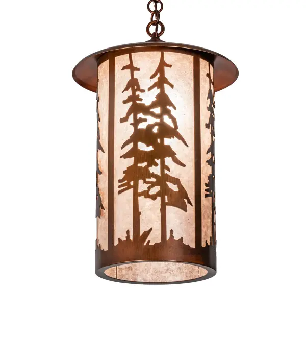 Handcrafted with a stunning Great Pines motif for interior and outdoor lighting applications. This stunning cylindrical lantern features a Silver Mica lens that is enhanced with a Vintage Copper finish. Install this pendant for illuminating exterior covered entryways and under eaves in timber homes; modern farmhouses; and other spaces from Traverse City; Michigan; to Lake Tahoe; Nevada; to Lake Geneva; Wisconsin. The overall height ranges from 26 to 40 inches; as the chain can easily be adjusted in the field to meet your lighting specifications. The Fulton Greate Pines Pendant is featured in our American-made; American-designed; handcrafted Craftsman Signature Series and manufactured in Yorkville; New York. UL and cUL listed for dry and damp locations. Our Build Your Own Craftsman Signature Series features unlimited combinations of styles. The collection is called Build Your Own because it is fully configurable and customizable from size and design to finish and lens color. Choose from a multitude of design options; or send us your own concept today! Call today to learn how to use the configuration tool available on our website for an instant item number!