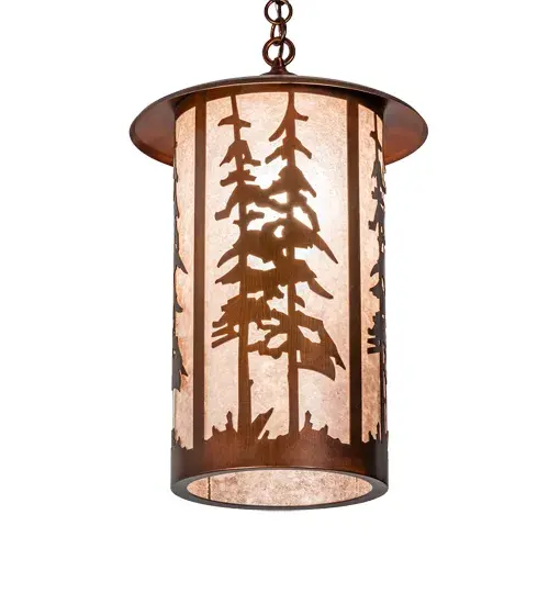 Handcrafted with a stunning Great Pines motif for interior and outdoor lighting applications. This stunning cylindrical lantern features a Silver Mica lens that is enhanced with a Vintage Copper finish. Install this pendant for illuminating exterior covered entryways and under eaves in timber homes; modern farmhouses; and other spaces from Traverse City; Michigan; to Lake Tahoe; Nevada; to Lake Geneva; Wisconsin. The overall height ranges from 26 to 40 inches; as the chain can easily be adjusted in the field to meet your lighting specifications. The Fulton Greate Pines Pendant is featured in our American-made; American-designed; handcrafted Craftsman Signature Series and manufactured in Yorkville; New York. UL and cUL listed for dry and damp locations. Our Build Your Own Craftsman Signature Series features unlimited combinations of styles. The collection is called Build Your Own because it is fully configurable and customizable from size and design to finish and lens color. Choose from a multitude of design options; or send us your own concept today! Call today to learn how to use the configuration tool available on our website for an instant item number! - alternate view