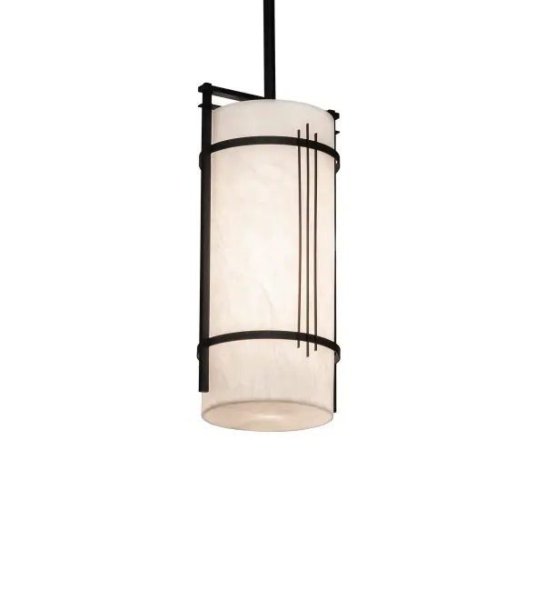 This pendant features an appealing round profile and decorative geometric accents around the shade; defining a modern; architectural aesthetic. This Whitestone Idalight cylindrical-shaped diffuser shade is complemented with a Textured Black finish. The mini pendant is perfect for grouping in multiples to illuminate bars; islands; counters; and dining tables in?fine homes and hospitality spaces. The Cilindro Kenzo Mini Pendant is included in our American-made; American-designed; handcrafted Modern Lighting Collection and manufactured in Yorkville; New York. The fixture is UL and cUL listed for dry and damp locations.