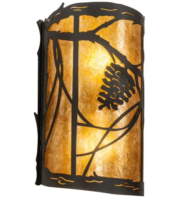 Listen closely. You can almost hear the soft whisper of the Pine Branches as they dance in the wind. Enjoy the ambiance of soft beautiful light diffused through the Amber Mica panel which features a stunning Pinecone and Pine Branch design. This curvaceous wall sconce is finished in Oil Rubbed Bronze. Handcrafted by highly skilled artisans in our 180,000 square foot manufacturing facility in Yorkville, New York. Diffuser colors, metal finishes and fixture sizes can be customized to your needs. UL and cUL listed for dry and damp locations. Collection: Whispering Pines Finish: Oil Rubbed Bronze Glass: Amber Mica Width: 8.00" Height: 13.00" Length: 4.50" Weight: 3.00 lb Extension from Wall: 4.50" Number of Bulbs: 2 Maximum Wattage: 60.00 W Bulb Type: A19 Bulb Base: E26 Material: Steel Country of Origin: USA Safety Rating: Damp