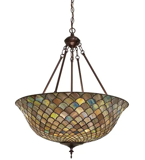 A Louis Comfort Tiffany studio classic. The famous Fishscale design features Honey dripped Emerald; Sapphire; Purple; Mauve; and Garnet colored art glass; evoking a unique dimensional and textured look in a rainbow of brilliant hues. This exquisite variegated art glass shade which is created using the famous Meyda Tiffany copperfoil construction process. The inverted shade is complemented with a Mahogany Bronze hand finished hardware. The overall height ranges from 32 to 67 inches as the chain length can be easily adjusted in the field. UL and cUL listed for dry and damp locations. We cannot depict every color variation but if you are looking for a specific color; call customer service for an updated image of current stock. - alternate view